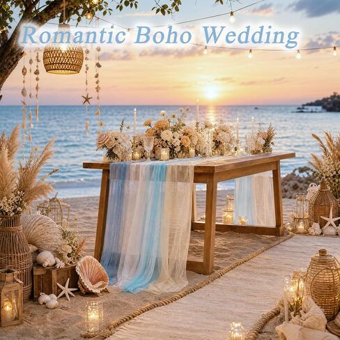 ACOCO 8 Pcs Blue and White Table Runner, Beach Themed Party Decorations | 118" x 11.8" Boho Ocean Coastal Decor for Birthday, Wedding and Baby Shower, Romantic Dining Setup and Backdrop Table Runner in Kuwait