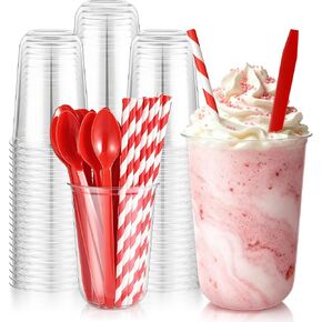 KesaPlan 50 Pack 16 oz Root Beer Float Cups with Red Spoons & Paper Straws, Clear Plastic Parfait Cup, Disposable Round Bottom Party Cups for Cold Drinks Milkshake Smoothies Ice Cream Sundae Supplies in Saudi Arabia
