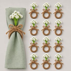 12 Pcs Babys Breath Napkin Rings, Jute Rope Boho Farmhouse Napkin Ring Holders with Bow, Rustic Table Decorations for Wedding Reception, Bridal Shower, Thanksgiving & Christmas Dinner in Saudi Arabia