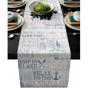 Lake Life Table Runner 13x70inch Linen Burlap Table Runners Non-Slip Heat Resistant Cloth Placemat Home Decor for Wedding Banquet Party - Colorful Word Pine Tree Boat Paddle Lighthouse Fish Pattern in Saudi Arabia