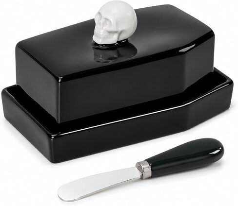 Skull Ceramic Butter Dish with Lid and Butter Spreader | Fits standard US butter sticks; includes butter spreader; coffin-inspired design; hand wash only in Kuwait