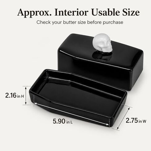 Skull Ceramic Butter Dish with Lid and Butter Spreader | Fits standard US butter sticks; includes butter spreader; coffin-inspired design; hand wash only in Kuwait
