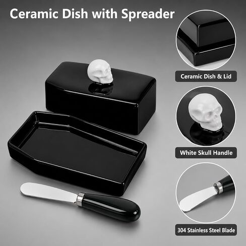 Skull Ceramic Butter Dish with Lid and Butter Spreader | Fits standard US butter sticks; includes butter spreader; coffin-inspired design; hand wash only in Kuwait