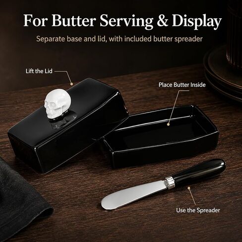 Skull Ceramic Butter Dish with Lid and Butter Spreader | Fits standard US butter sticks; includes butter spreader; coffin-inspired design; hand wash only in Kuwait