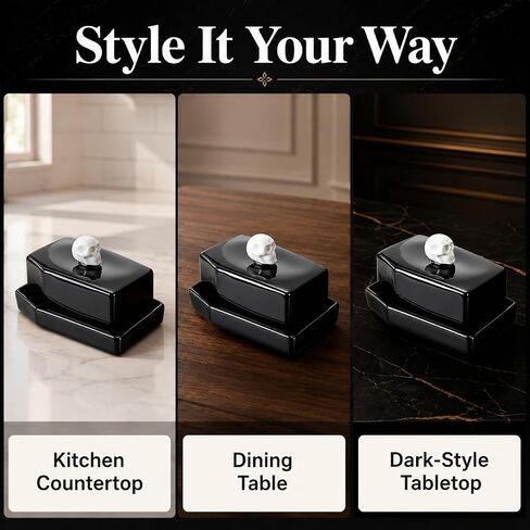 Skull Ceramic Butter Dish with Lid and Butter Spreader | Fits standard US butter sticks; includes butter spreader; coffin-inspired design; hand wash only in Kuwait
