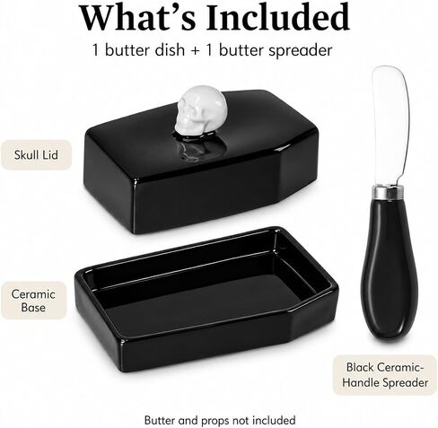 Skull Ceramic Butter Dish with Lid and Butter Spreader | Fits standard US butter sticks; includes butter spreader; coffin-inspired design; hand wash only in Kuwait