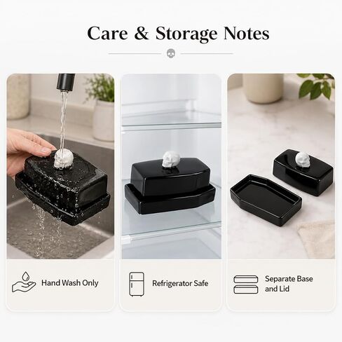 Skull Ceramic Butter Dish with Lid and Butter Spreader | Fits standard US butter sticks; includes butter spreader; coffin-inspired design; hand wash only in Kuwait