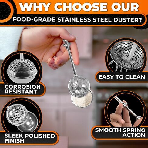 Flour Duster for Bread Baking – 7.1" Flour Sprinkler for Bread Baking with Spring Handle – 304 Stainless Steel, One-Handed Operation, Compact Size, Dishwasher Safe | Powdered Sugar, Cocoa and Spices in Kuwait