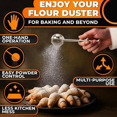Flour Duster for Bread Baking – 7.1" Flour Sprinkler for Bread Baking with Spring Handle – 304 Stainless Steel, One-Handed Operation, Compact Size, Dishwasher Safe | Powdered Sugar, Cocoa and Spices in Kuwait