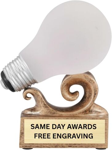 Bright Idea Light BulbTrophy نقش مجاني، 3 أسطر من النص، 5 بوصات، جائزة الراتنج بالألوان الكاملة | نقش مجاني، 3 أسطر من النص المحفور، جائزة الراتنج، 5.5 بوصة in Kuwait