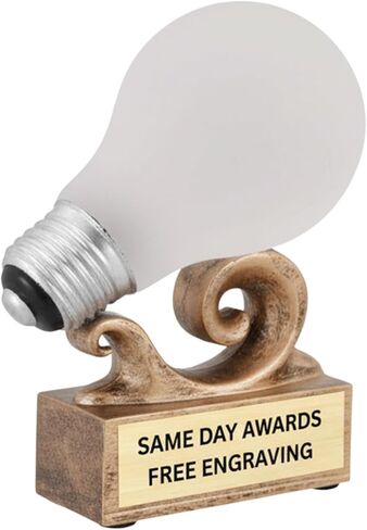 Bright Idea Light BulbTrophy نقش مجاني، 3 أسطر من النص، 5 بوصات، جائزة الراتنج بالألوان الكاملة | نقش مجاني، 3 أسطر من النص المحفور، جائزة الراتنج، 5.5 بوصة in Kuwait
