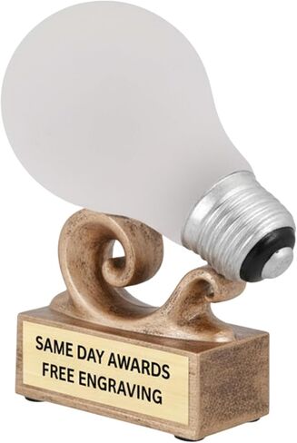 Bright Idea Light BulbTrophy نقش مجاني، 3 أسطر من النص، 5 بوصات، جائزة الراتنج بالألوان الكاملة | نقش مجاني، 3 أسطر من النص المحفور، جائزة الراتنج، 5.5 بوصة in Kuwait