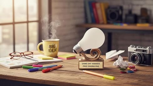 Bright Idea Light BulbTrophy نقش مجاني، 3 أسطر من النص، 5 بوصات، جائزة الراتنج بالألوان الكاملة | نقش مجاني، 3 أسطر من النص المحفور، جائزة الراتنج، 5.5 بوصة in Kuwait