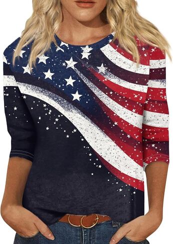 قمصان KIKX0DE 4Th of July للسيدات 3/4 كم بياقة دائرية قمصان لطيفة غير رسمية مطبوعة بطول ثلاثة أرباع تي شيرت in Kuwait