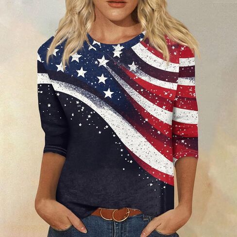 قمصان KIKX0DE 4Th of July للسيدات 3/4 كم بياقة دائرية قمصان لطيفة غير رسمية مطبوعة بطول ثلاثة أرباع تي شيرت in Kuwait
