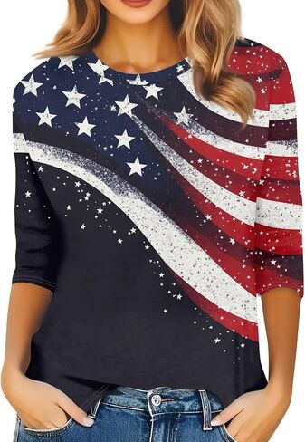 قمصان KIKX0DE 4Th of July للسيدات 3/4 كم بياقة دائرية قمصان لطيفة غير رسمية مطبوعة بطول ثلاثة أرباع تي شيرت in Kuwait