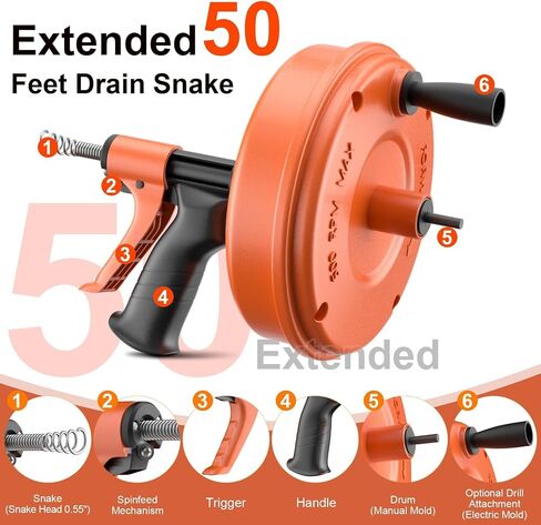 【2026 Newest】50 FT Drain Snake, Plumbing Snake Drain Auger Hair Clog Remover, Flexible Plumbing Snake Use Manually or Powered for Kitchen,Bathrom and Shower Sink Gloves for L-Type Sewer in Kuwait
