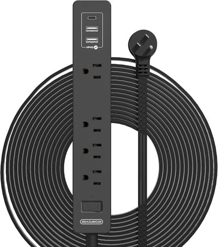 Flat Plug Extension Cord 25 Ft, NTONPOWER Ultra Thin Flat Extension Cord Under Carpet, Rug, Door, 3 Outlets Power Strip with 3 USB (1USB-C), Wall Mount,Overload Protection for Home Office, Black in Kuwait