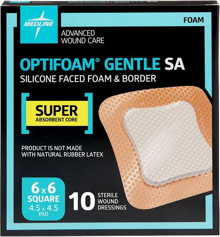 ضمادة إسفنجية من Medline Optifoam Gentle SA ذات وجه من السيليكون في عبوة تعليمية، 6 بوصة × 6 بوصة (15.2 × 15.2 سم)، صندوق من 10 قطع in Kuwait
