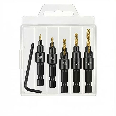 5Pcs Adjustable Countersink Drill Bit Set, Titanium-Coated Woodworking Drill Bits with 1/4" Hex Shank for Screw Holes (Gold) in Kuwait