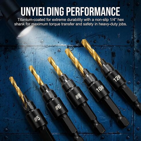 5Pcs Adjustable Countersink Drill Bit Set, Titanium-Coated Woodworking Drill Bits with 1/4" Hex Shank for Screw Holes (Gold) in Kuwait
