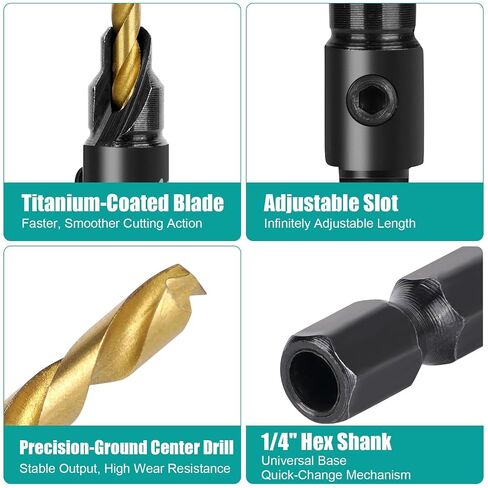 5Pcs Adjustable Countersink Drill Bit Set, Titanium-Coated Woodworking Drill Bits with 1/4" Hex Shank for Screw Holes (Gold) in Kuwait