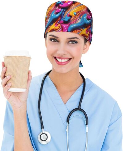 مجردة الأزرق الأصفر الملمس (1) طباعة قبعات فرك النساء الرجال، قبعة ممرضة الجراحية قبعات فرك القبعات للنساء الرجال، قبعة عمل قابلة للتعديل مع عصابة الرأس in Kuwait