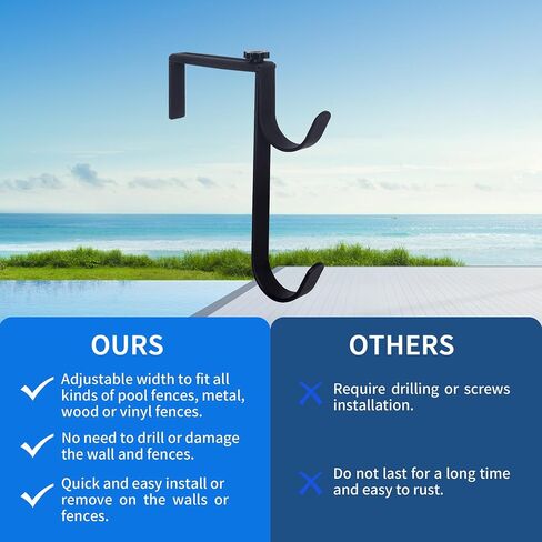 Heavy Duty Pool Pole Hangers - Adjustable Hooks for Poles, Hoses, Skimmers - Black Fence Hooks for Hanging Swimming Pool Accessories - Garden Tools (4 Packs) in Kuwait
