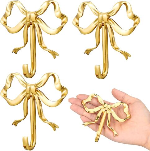 Lineshading 4 Pcs Gold Bow Wall Hooks Brass Coquette Bow Hooks for Coats Hats Bags Bath Towels Robes Vintage Room Decor Office Kitchen Hallway Bathroom Nursery Decorations (L) in Saudi Arabia