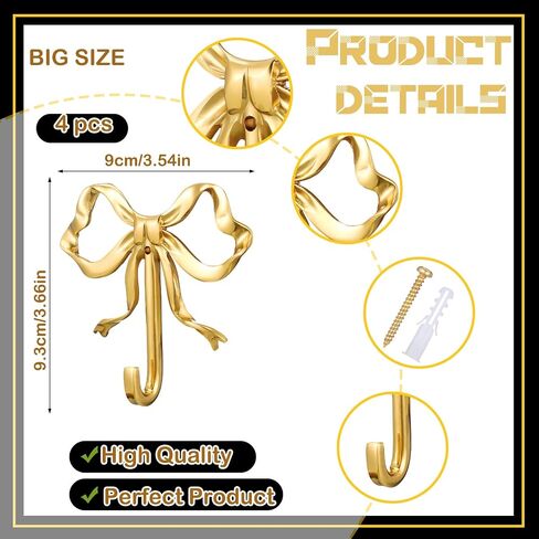 Lineshading 4 Pcs Gold Bow Wall Hooks Brass Coquette Bow Hooks for Coats Hats Bags Bath Towels Robes Vintage Room Decor Office Kitchen Hallway Bathroom Nursery Decorations (L) in Saudi Arabia
