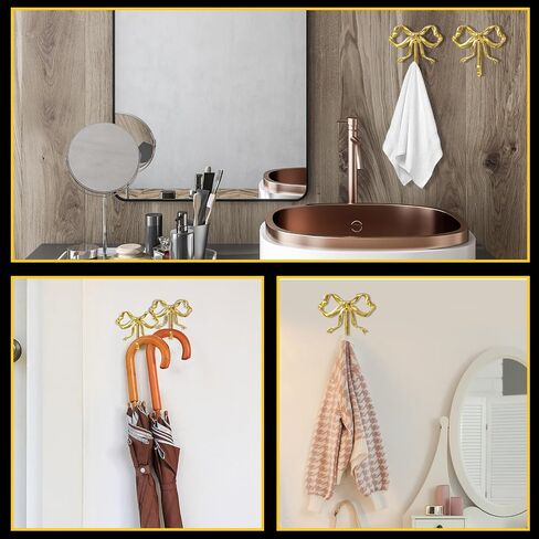 Lineshading 4 Pcs Gold Bow Wall Hooks Brass Coquette Bow Hooks for Coats Hats Bags Bath Towels Robes Vintage Room Decor Office Kitchen Hallway Bathroom Nursery Decorations (L) in Saudi Arabia