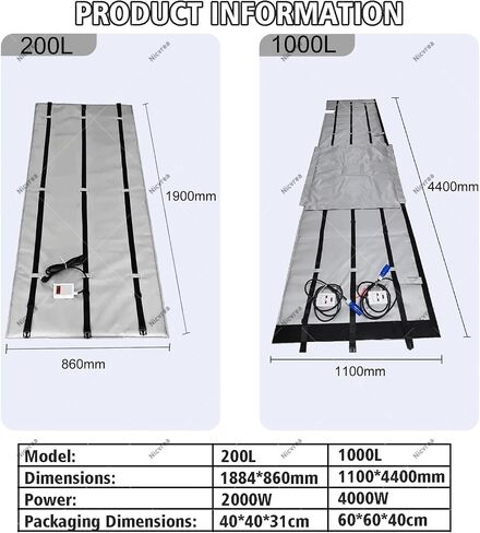 سخان طبل مع ترموستات، سخان برميل IBC سعة 200 لتر/1000 لتر، 2000 وات / 4000 وات 0-120 درجة مئوية، بطانية سخان زيت IBC مع ترموستات، رمادي-1000 لتر in Kuwait