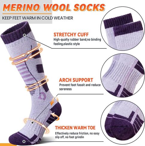 Merino Wool Ski Socks Men Women Thermal Winter Warm Thick Hiking Snowboarding Knee High Socks 3 Pairs in Kuwait