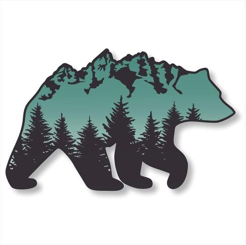 ملصق الدب البني Grand Tetons، ملصق من الفينيل الفاخر مونتانا GrandTeton Mountain Range، رسم غابة أشجار الصنوبر باللونين الأخضر والأسود لنافذة السيارة أو الشاحنة، والباب، والكمبيوتر المحمول (6x3.7) in Kuwait