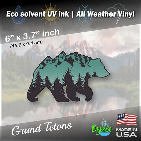 ملصق الدب البني Grand Tetons، ملصق من الفينيل الفاخر مونتانا GrandTeton Mountain Range، رسم غابة أشجار الصنوبر باللونين الأخضر والأسود لنافذة السيارة أو الشاحنة، والباب، والكمبيوتر المحمول (6x3.7) in Kuwait