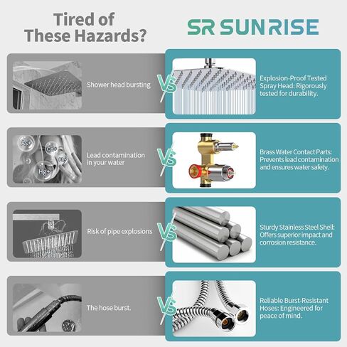 مجموعة رأس ومقبض دش مطر مربع من الكروم المصقول من SR SUN RISE، تركيبات دش مثبتة على الحائط، مجموعات إصلاح حنفية الدش المعدنية (مع صمام دش) in Kuwait