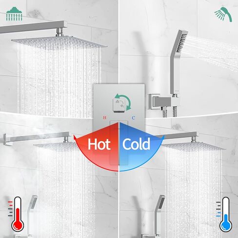 مجموعة رأس ومقبض دش مطر مربع من الكروم المصقول من SR SUN RISE، تركيبات دش مثبتة على الحائط، مجموعات إصلاح حنفية الدش المعدنية (مع صمام دش) in Kuwait