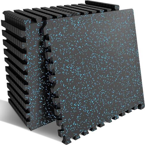 0.56-Inch Thick 48 Sq ft Exercise Equipment Mats | 12 Tiles Interlocking High-Density EVA Foam Rubber Puzzle Gym Flooring for Home Gym & Heavy Weight Workouts, 24 x 24 in Black/Blue in Kuwait