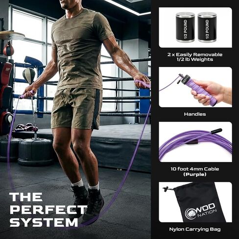 Weighted Jump Rope for Men & Women, 1LB Adjustable Heavy Speed Rope with Removable Handle Weights, Dual Cables for Cross Training Boxing Cardio & Home Workouts Durable Adult Fitness Jump Rope - Purple in Kuwait