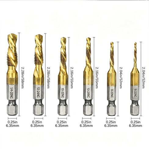 6 Pack Drill Tap Set, Titanium Plated Combination Taps Drill Bit Set, M3 M4 M5 M6 M8 M10 Hex Shank HSS Screw Thread Metric Compound Tap Drill Bits Metal Drilling in Saudi Arabia
