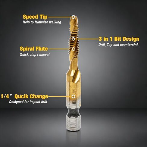 6 Pack Drill Tap Set, Titanium Plated Combination Taps Drill Bit Set, M3 M4 M5 M6 M8 M10 Hex Shank HSS Screw Thread Metric Compound Tap Drill Bits Metal Drilling in Saudi Arabia