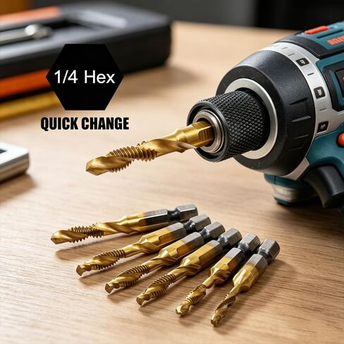 6 Pack Drill Tap Set, Titanium Plated Combination Taps Drill Bit Set, M3 M4 M5 M6 M8 M10 Hex Shank HSS Screw Thread Metric Compound Tap Drill Bits Metal Drilling in Saudi Arabia