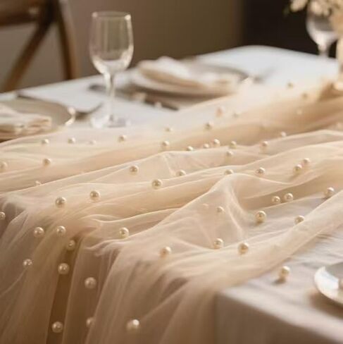 8PCSChampagne Pearl Table Runner 120 بوصة، شبكة تول شفافة لتزيين طاولات الزفاف مع اللؤلؤ، عداء قماش بوهو أنيق لحفلات الزفاف وحفلات أعياد الميلاد وحفلات الاستقبال in Kuwait