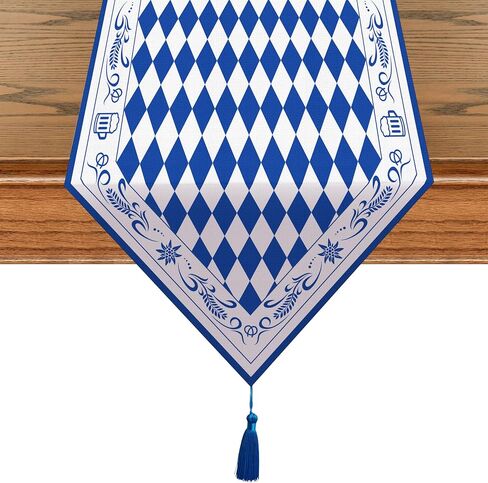 قطعتان من مفرش طاولة Oktoberfest مع شرابات مقاس 30.48 × 177.88 سم زخارف طاولة زرقاء وبيضاء لحفلات مهرجان أكتوبر، وأوشحة تزيين مهرجان البيرة لمستلزمات ديكور حفلات العشاء in Kuwait