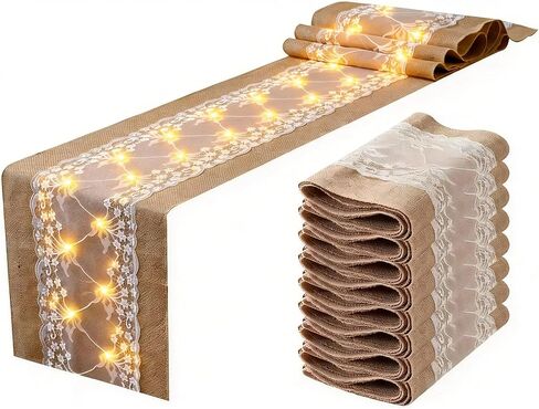 8 حزمة مفرش طاولة من الخيش الكرمة مع أضواء سلسلة LED مقاس 12 × 108 بوصة مفرش طاولة من الدانتيل الخيش ديكورات زفاف ريفية عيد الشكر وحفلات المنزل in Kuwait