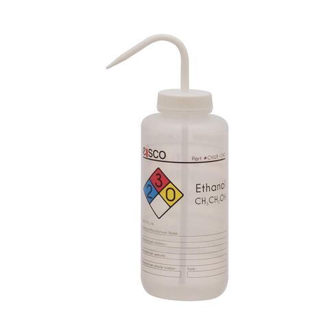 EISCO Wash Bottle for Ethanol, 1000ml - Labeled with Color Coded Chemical & Safety Information (4 Colors) - Wide Mouth, Self Venting, Low Density Polyethylene - Performance Plastics Labs in Kuwait