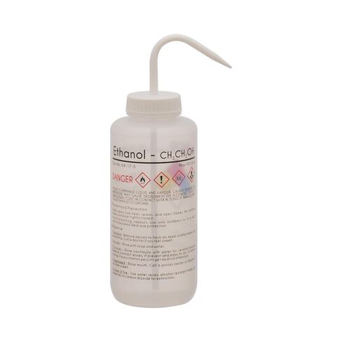 EISCO Wash Bottle for Ethanol, 1000ml - Labeled with Color Coded Chemical & Safety Information (4 Colors) - Wide Mouth, Self Venting, Low Density Polyethylene - Performance Plastics Labs in Kuwait
