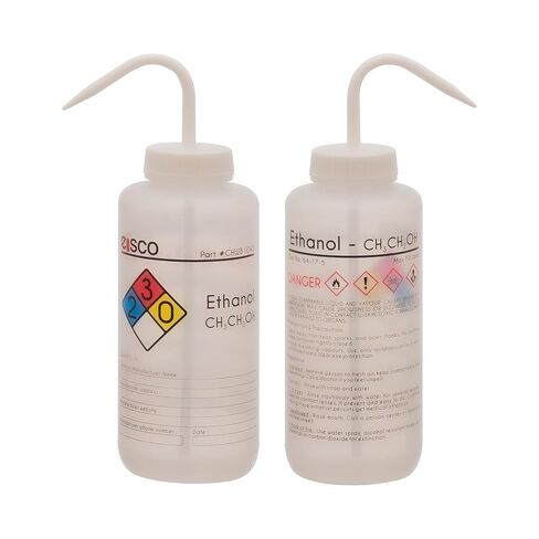 EISCO Wash Bottle for Ethanol, 1000ml - Labeled with Color Coded Chemical & Safety Information (4 Colors) - Wide Mouth, Self Venting, Low Density Polyethylene - Performance Plastics Labs in Kuwait