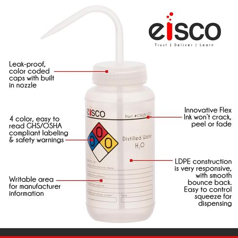 EISCO Wash Bottle for Ethanol, 1000ml - Labeled with Color Coded Chemical & Safety Information (4 Colors) - Wide Mouth, Self Venting, Low Density Polyethylene - Performance Plastics Labs in Kuwait