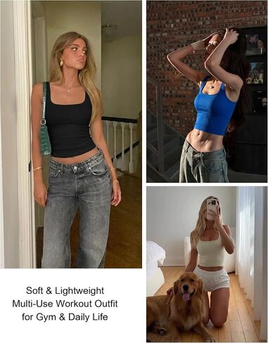 Square Neck Ribbed Crop Tank Top Stretchy Slim Sleeveless Workout Yoga Athletic Sports Vest in Kuwait